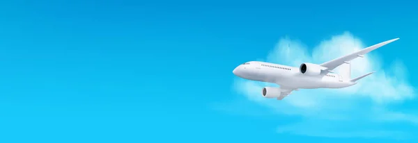 Белый Самолет Летящий Голубом Фоне Неба Пейзаж Облаком Векторная Иллюстрация — стоковый вектор