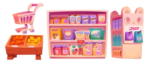 Supermercado Tienda Comestibles Con Estante Lindo Estilo Kawaii Con Dulces — Vector de stock