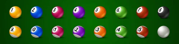 孤立池白球矢量图集 斯诺克或台球运动比赛五彩缤纷的球与七 十五和十个数字和条纹 3D赌博用球形设备图标 — 图库矢量图片