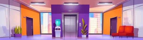 エレベーターとキャビネットの入り口のドアの漫画のベクトルの背景とオフィスの廊下のインテリア 現代的な廊下の部屋の中に水のポンプ 植物やソファ窓からの街並みとのコワーキングスペース — ストックベクタ
