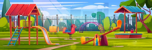 游乐场公园在幼儿园卡通片暑期景观背景 市容景观优美的公共场所儿童户外运动场地 沙坑和锯齿状幼童活动 — 图库矢量图片