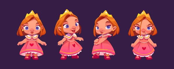 Cute Little Princess Character Pink Dress Gold Crown Fairytale Queen — Stock Vector
