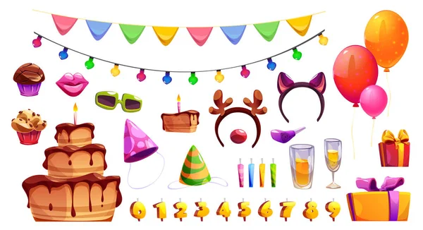 白い背景に隔離された子供の誕生日パーティーの設計要素 おいしいケーキ カップケーキ キャンドル お祝いの帽子 ギフトボックス カラー気球 ガーランドのベクトル漫画のイラスト — ストックベクタ