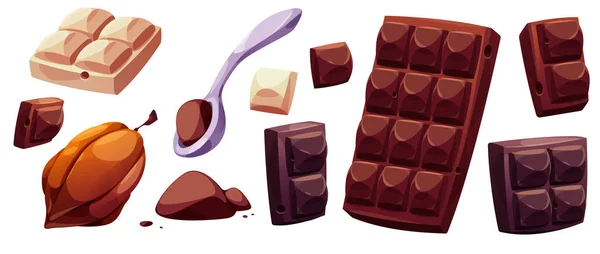 ダーク ミルク ホワイトチョコレートバーピース ココア豆と粉末 甘い茶色のチョコレート スプーンとグランドカカオの山の塊 ベクトル漫画セット — ストックベクタ