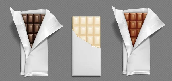现实的黑暗 牛奶和白色巧克力条在开放的包装 用箔或纸包装的甜巧克力甜点的矢量图解 美味的可可和糖点心 烹调配料 认可来源 — 图库矢量图片