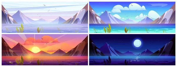 Mountain landscape with lake view set. Vector cartoon illustration of beautiful natural scene with rocky Alpine range under moon light, clear blue water in river, birds flying in sunset or morning sky