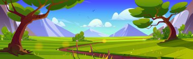 Ormandaki patika dağ ve çim tarlası karikatür manzarası. Güneşli bir günde çayırların, alplerin ve güzel bir açık hava ortamının olduğu doğal bir arka plan. Oyun için sessiz vahşi peri faunası