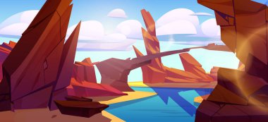 Kanyon Çölü 'ndeki nehir karikatür çizimleri. Su arkaplanı yakınlarındaki kayalık arazi. Arizona 'nın batısında kahverengi kayalık panoramik manzaralı bir vadi. Kaliforniya doğa ufku