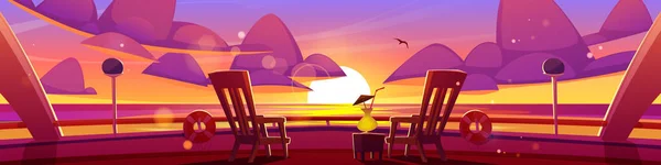 从游轮甲板矢量卡通背景看日落的海景 夏天的大海 在紫色和橙色的夜空下 游艇在平台上配备椅子和鸡尾酒 奢华的堤岸放松 — 图库矢量图片