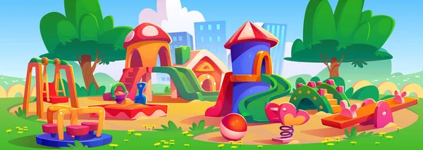 Cartoon Spielplatz Stadtpark Vektor Illustration Des Kindergartenhofes Mit Bunter Schaukel — Stockvektor