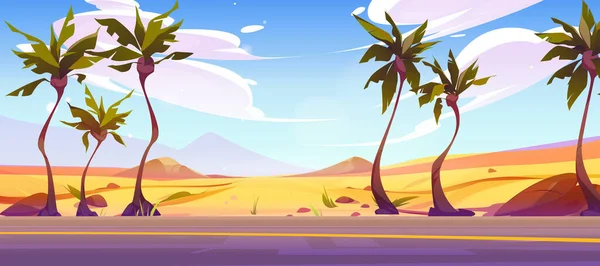 Kum Çölü Manzaralı Palmiye Ağacı Manzaralı Arka Plan Çizgi Film — Stok Vektör