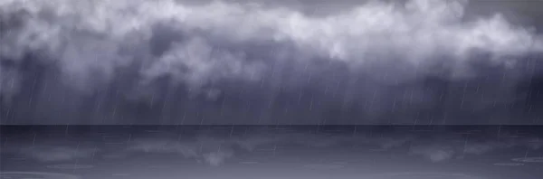 Realistic Rain Dropping Gray Clouds Vector Illustration Transparent Rainfall Fog — Stock Vector