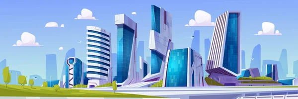 Rajzfilm Futurisztikus Város Zöld Parkkal Vektor Illusztráció Modern Felhőkarcolók Üveg — Stock Vector