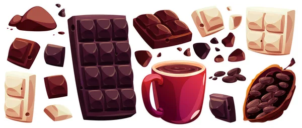 黒と白のチョコレートバーとチップの漫画セット 赤マグカップのホットカカオ飲料 白の背景に隔離された生のココア豆 甘いデザートとドリンク 調理成分のベクトルイラスト — ストックベクタ