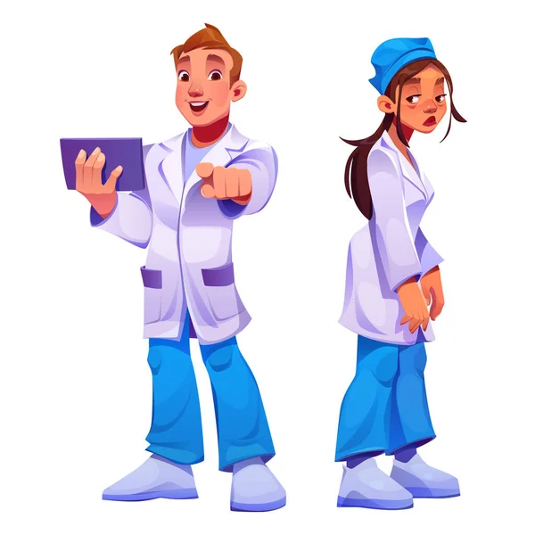 医生和护士角色 医院医务人员 职业医生 快乐的男人和穿着制服的忧郁疲惫的女人 用白色背景孤立的矢量卡通画 — 图库矢量图片