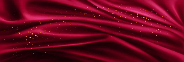黄金の粒子と現実的な赤い絹の布の背景 豪華な金の輝く作品と流行のViva Magentaサテンのドレープレイヤードのベクトルイラスト 滑らかなドレープレイヤード表面 割引バナー — ストックベクタ