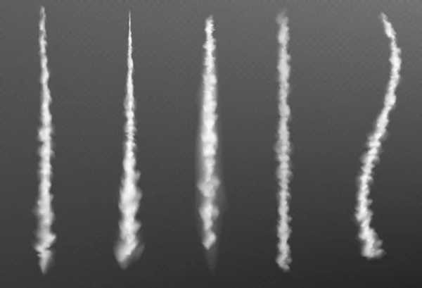 飞机尾迹 喷气式飞机或火箭飞行的烟道 在空中飞行的速度飞机在空气中的凝结效应 在透明的矢量现实集上隔离的白云 — 图库矢量图片