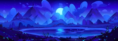 Valley Lake ile birlikte gece dağı manzarası. Dolunayın vektör karikatür çizimi ve karanlık gökyüzündeki pek çok yıldız, gece yarısı mavi karanlıkta suyun etrafında parlayan neon renkli çiçekler. Peri kuyruğu arkaplanı