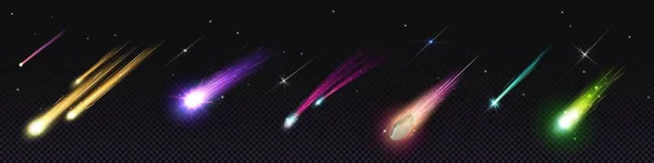 速度道を持つ彗星の落下の現実的なセット 透明背景に隔離されたカラフルな輝く尾で飛んで流星 小惑星や星のベクトル漫画のイラスト 隕石のシャワー — ストックベクタ