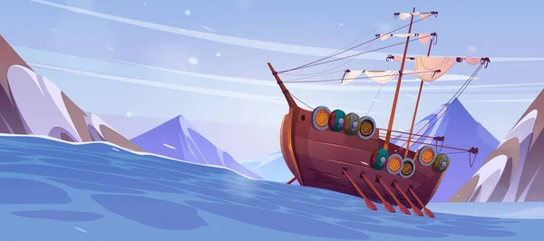 Wikinger Cartoon Schiff Schwimmt Stürmischer Nordischer See Umgeben Von Bergen — Stockvektor