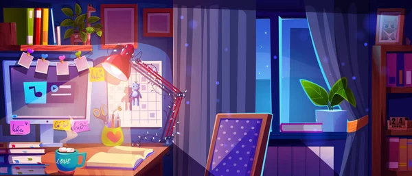 自宅の窓の近くの10代の学生のワークスペース 夜の女の子の部屋のベクトル漫画のイラスト デスクトップコンピュータ カラフルな付箋 壁にカレンダー おもちゃで職場 居心地の良い家空間 — ストックベクタ