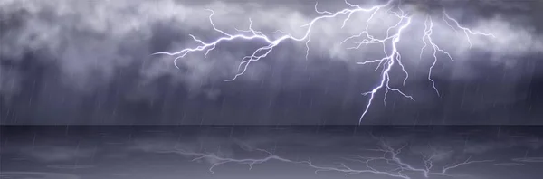 暴雨雷暴矢量背景闪电在天空中 秋天乌云密布的暴风雨天气和雷声 电闪闪的自然能量和飓风全景的恐怖画面景观 — 图库矢量图片