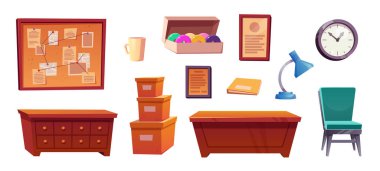 Dedektif bürosunun içinde masa ve arşiv var. Karakol mobilyaları beyaz arka planda karikatür simgesi oluşturmuş. Not tutturmak için sandalye ve tahtayla vintage masa işyeri zirvesi.