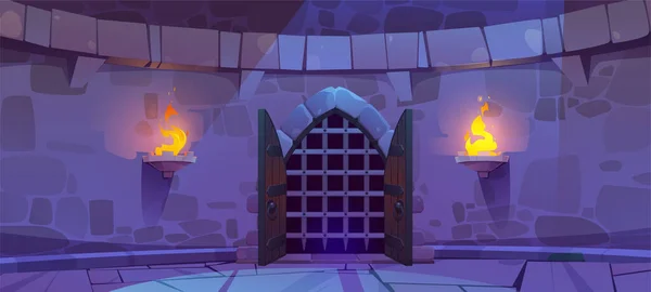 中世の城ダンジョン石壁ゲーム漫画の背景 刑務所の門と月明かりと窓と暗い古代の地下の魔法の洞窟 玄関のある王国の地下室の刑務所 — ストックベクタ