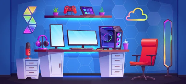 Gamer Streamer Raum Mit Computertisch Cartoon Vektor Hintergrund Geek Teen — Stockvektor