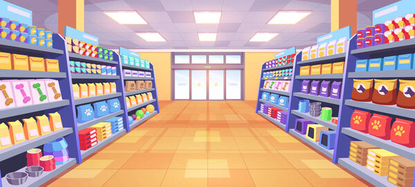 Pet shop interior with dog toy cartoon vector illustration. Petshop aisle business with food, goods and accessories on shelf for domestic animal indoor background. Doghouse stand with treats for sale