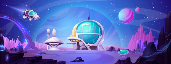 惑星ベクトルの風景の上に宇宙ステーションの建物 火星の都市ベースの漫画の背景にある未来的な宇宙船 探査ミッションと研究アドベンチャーゲームバナーを持つコスモスの外国人コロニー — ストックベクタ