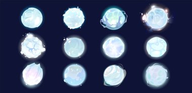 Donmuş uzaylı uzay gezegeni çizgi film fantezi seti. Buz vektörü galaksi dünyası simgesi koyu arkaplanda izole edilmiş. Buz gibi uydu küresi parlıyor. Kar astronomisi varlıkları. Kristal meteor koleksiyonu