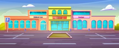 Vektör araba park yeri binanın ön tarafındaki arka plan. Çizgi film ticari illüstrasyonunun dışında sokak yolu olan market süpermarketi. Kahve veya yiyecek için yerel perakende pazarına giriş