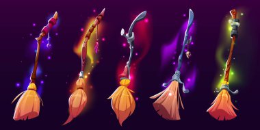 Fantezi oyun karikatür çizimi için vektör sihirli cadı süpürgesi kümesi. Cadılar Bayramı büyücüsü, parlak ve bulanık efektli çubuk. Işıltılı ve ışıltılı yalıtılmış cadılık öğesi.