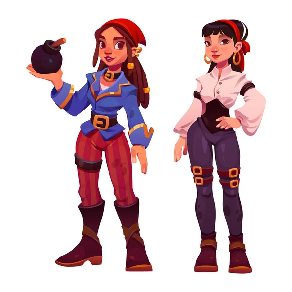 Corsair Woman Cartoon Character Set Vector Pirate Girl Captain Halloween — Stock Vector