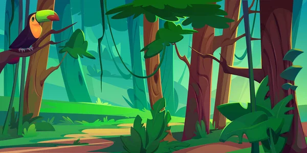 ツリーの漫画の背景にタツノオトシゴの森 野生動物のエキゾチックな自然景観の枝に鳥 リアナとブッシュイラストデザインの野生アマゾン熱帯雨林公園の冒険 — ストックベクタ