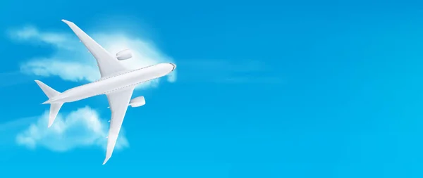 Realistisches Flugzeug Das Auf Blauem Himmel Fliegt Vektor Illustration Weißer — Stockvektor