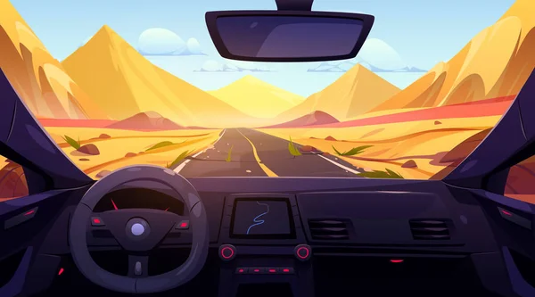 ドライバーコックピットビュー漫画イラスト内の砂漠の車の道路 ステアリングナビゲーションとゲームのためのキャビンインテリアとベクトルアフリカのイラスト 風力発電からの乾燥した山の環境景観 — ストックベクタ