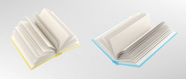 空白の白いページを持つ3Dオープンブック 黄色と青のカバーが透明背景に隔離された空のノートブックのモックアップ ベクトル現実的なイラスト — ストックベクタ