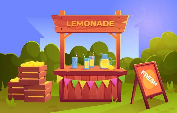 Mercado Stand Limonada Com Suco Para Venda Vetor Desenho Animado — Vetor de Stock