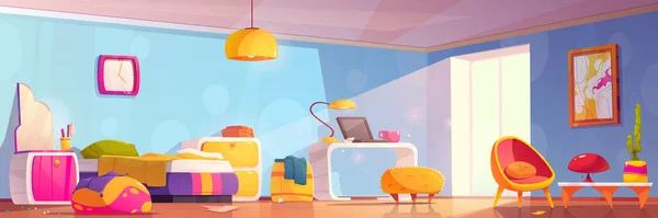 グルービールームベクトルのインテリアデザインの背景 テーブル ベッド コンピュータを備えた女の子の家のベッドルーム Y2Kポスターとヴィンテージアームチェア付きの面白い女の子のアパート — ストックベクタ