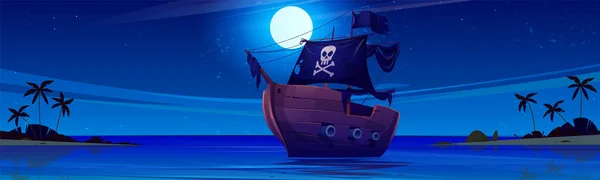 Пиратский Корабль Ночное Время Рядом Пляжем Пляж Мультфильм Векторный Фон — стоковый вектор