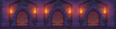 Cartoon medieval castle dangeon with wooden doors. Vector cartoon illustration of ancient stone wall with arch doorways, palace hall illuminated by torch fire. Underground prison. Game background clipart