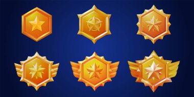 Altın oyun rozeti madalya ui ikon vektör seti. İzole edilmiş seviye karikatür nişanı askeri başarı ödülü. Birinci kazanan arayüz koleksiyonu için kanat düğmesi tasarımlı altıgen etiket.