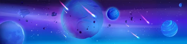 Космічний Фон Інопланетними Планетами Плавають Небі Комети Неоновими Легкими Хвостами — стоковий вектор
