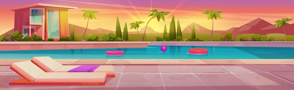 Cartoon Pool Der Nähe Einer Villa Mit Sonnenuntergang Horizont Vektor — Stockvektor