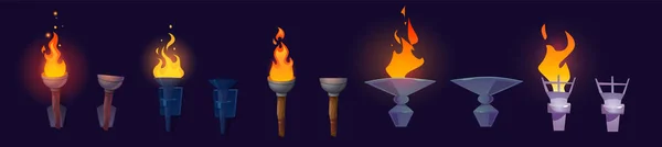 炎と絶滅したトーチの漫画セットを背景に隔離されました 木製のベクトルイラスト 火の有無にかかわらず鉄フレア 中世の城ダンジョン照明のインテリアデザイン要素 — ストックベクタ