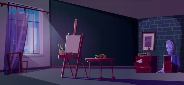 Art Paint Room Studio Interieur Mit Staffelei Der Nacht Cartoon — Stockvektor