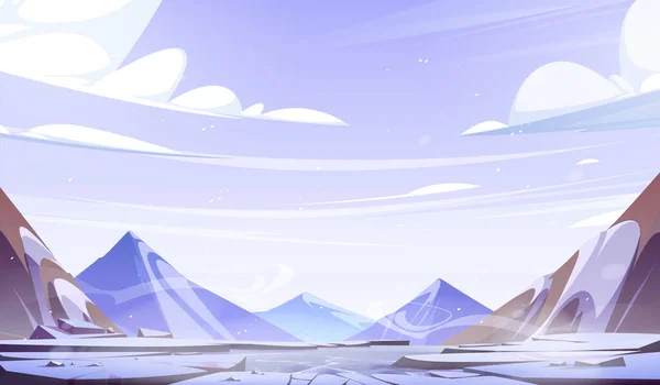Зимний Горный Ландшафт Вектором Трещины Озера Снежный Фон Иллюстрации Мультфильма — стоковый вектор