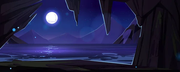 夜间山川景观内洞景矢量背景 在奇幻湖岸岩石洞口附近的天空中 满月的光芒 海岸附近悬崖上的暗黑洞室 — 图库矢量图片